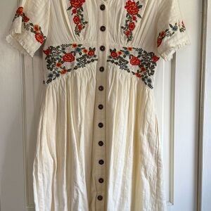 Roolee Ivory Dress with Red Floral Embroidery